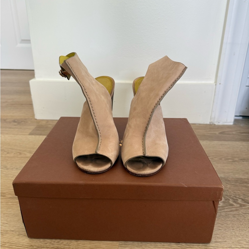 Saratoga Nubuck Vegan Leather Coach Tan Peep-Toe Heeled Boots